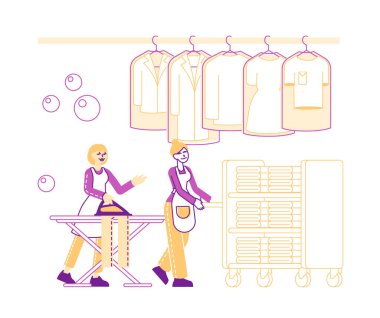 Profesyonel Temizlik Hizmetleri Çalışan Kadın Karakterleri Temiz Giysileri Ütüleme, Çamaşırhanede Giysileri Olan Trolley İtme, Çamaşırhane. Doğrusal İnsanlar Vektör İllüstrasyonu