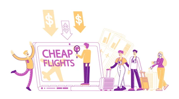 Billiga flyg och spara semester budget koncept. Manliga och kvinnliga tecken Köpa flygplansbiljetter Online Spara pengar för semester och resa. Små människor med bagage. Linjär vektorillustration — Stock vektor