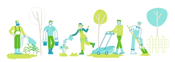 Trabajo de jardinería. Hombres Mujeres agricultoras o jardineras Plantación y cuidado de árboles y plantas. Personajes felices que trabajan en el jardín de verano Riego, excavación, cuidado de las flores. Personas lineales Vector Ilustración — Vector de stock