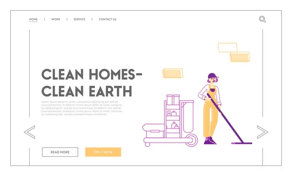 Servizio di pulizia professionale Landing Page Template. Femmina personaggio Spazzatura e Mopping Floor con Mop in luogo pubblico. Bagno delle donne. Occupazione di inserviente. Illustrazione vettoriale lineare — Vettoriale Stock