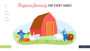 Çiftlik, Tarım, Çiftçilik İniş Sayfa Şablonu. Erkek ve kadın kazları besliyor, koyunları doğada buduyor. Çiftçiler, Kuşların ve Hayvanların İş Bakımındaki Köylü Karakterleri. Çizgi film Vektör İllüstrasyonu