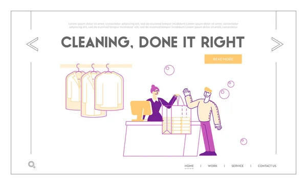 Kuru Temizleme İniş Sayfa Şablonu. Kadın Karakter Profesyonel Çamaşır İşçisi Temiz Giysileri Resepsiyonda olan Müşteri Çantasına Veriyor. Kamu Çamaşırhanesi Temizliği. Doğrusal İnsanlar Vektör İllüstrasyonu — Stok Vektör