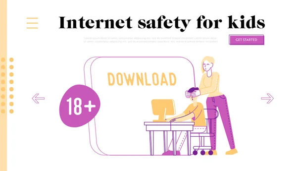 Modelo de página de aterrissagem de informações censuradas na Internet. Mulher Fechando os Olhos do Filho Protegendo-se de Adultos Conteúdo Online. Controlo parental. Boy Sente-se na mesa com computador. Ilustração vetorial de pessoas lineares — Vetor de Stock