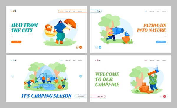 Ludzie Camping Hobby, Wolny czas Landing Page Template Set. Męskie postacie odpoczywające na naturalnej wędkarstwie, robienie zdjęć, zbieranie grzybów, rąbanie lasów. Ilustracja wektora kreskówek — Wektor stockowy