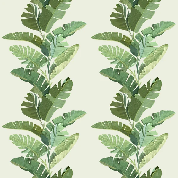 Adorno de fondo de pantalla decorativo de selva tropical con hojas y ramas de palmera de plátano tropical verde. Patrón sin costura, impresión tropical botánica sobre fondo beige. Papel, diseño textil. Ilustración vectorial — Vector de stock