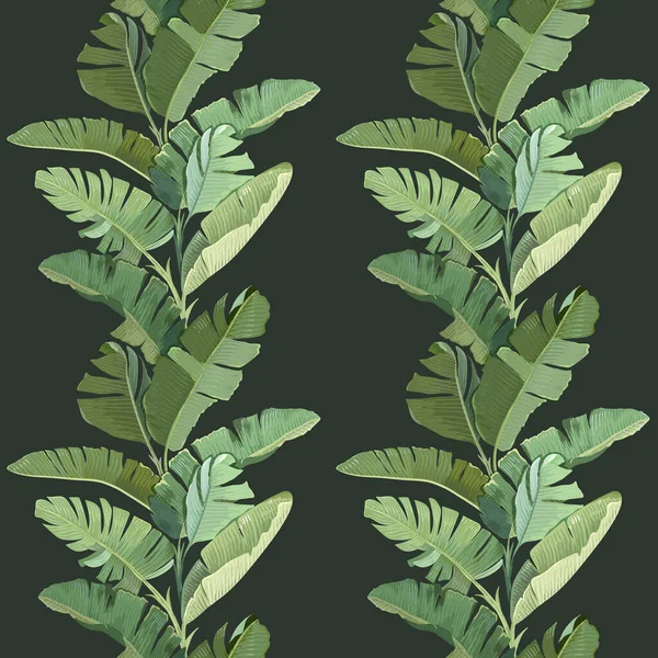 Green Tropical Banana Palm Leaves and Branches, Botanical Tropic Print on Dark Background. Patrón geométrico sin costura, ornamento de fondo de pantalla decorativo de selva tropical, papel o textil. Ilustración vectorial — Vector de stock