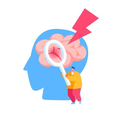 Tiny Male Character Holding Magnifying Glass Looking on Huge Human Head with Apoplexy Attack or Brain Stroke. Insult Disease Symptoms, Neuroscience and Neurosurgery. Cartoon Vector Illustration clipart