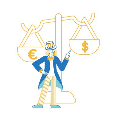George Washington Vintage American Costume ve Top Hat in Big Pcales with Dollar and Euro Parrency 'de oynamıştır. Amerika 'nın kurucusu. Usa Ekonomi, Bankacılık Sistemi. Doğrusal Vektör İllüstrasyonu