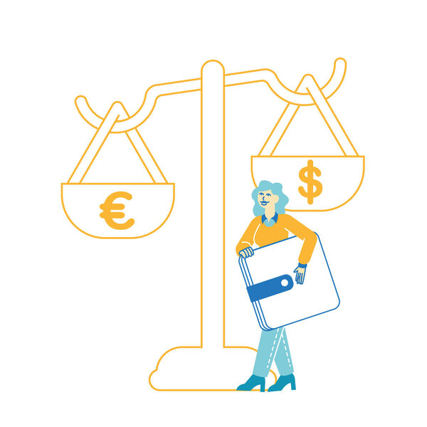 Female Character Enjoy Finance Success, Saving Euro and Dollars Currency in Wallet. People and Money Concept. Tiny Woman Carry Huge Purse Full of Cash and Credit Cards. Linear Vector Illustration