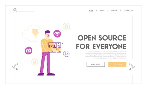 Trådlös Wifi-anslutning Landning Page Mall. Man håller stora låda med media ikoner för App runt. Karaktär Använda Gratis nedladdning Internet och Torrent Network Services. Linjär vektorillustration — Stock vektor