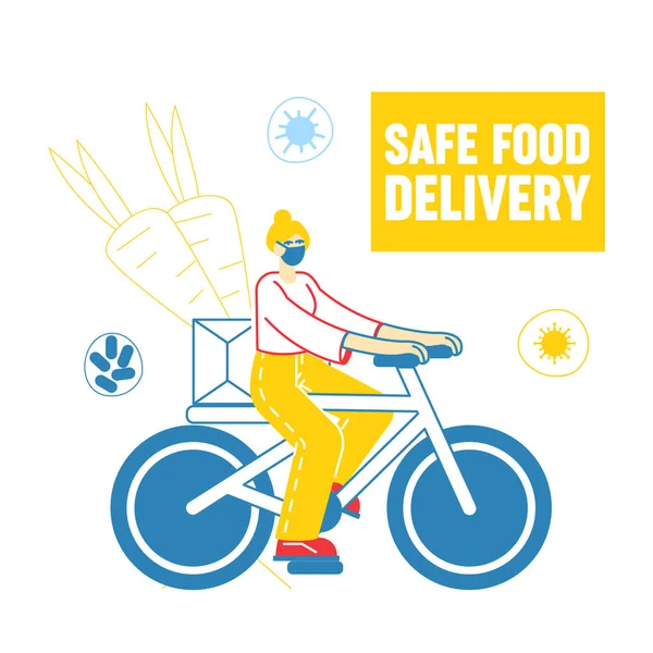 Female Character Riding Bicycle Delivering Food to People at Covid19 Pandemic Quarantine Self Isolation. Woman Volunteer Help to Prevent Virus Spreading at Epidemic Time. Linear Vector Illustration — Stock Vector