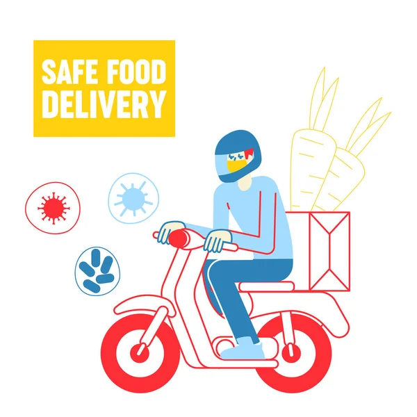 Entrega segura de alimentos. Carácter de mensajero entregando la orden de compra al hogar del cliente con máscara durante la pandemia de Coronavirus. Scooter Voluntario para Servicio de Entrega Rápida. Ilustración de vectores lineales — Vector de stock