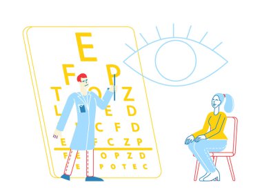 Göz Gözlüğü Diopteri için Göz Doktoru Doktor Görme Uzmanı Hasta Karakteri. Sanellen Çizelge Optisyen Görme Sınavı 'nda Erkek Görme Uzmanı. Doğrusal İnsanlar Vektör İllüstrasyonu