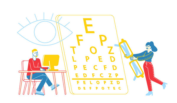 Myopia and Eyes Disease Concept. Male Character Sit at Desk Working on Computer in Office, Woman Carry Huge Eyeglasses at Vision Check Up Board. Nearsightedness Treatment. Linear Vector Illustration