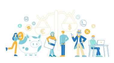 Euro Dolar 'a karşı. Dünya 'daki Avrupa ve Amerikan Ekonomi ve Finansal Piyasaları ile Karşılaşma. Tiny Characters with Money at Big Pcales with USD and EUR para birimi. Doğrusal İnsanlar Vektör İllüstrasyonu