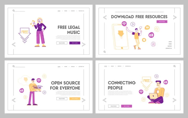 Free Download Landing Page Template Set. Postavy v obrovské mobilní přenos a sdílení souborů pomocí Torrent Servers Services. Online Media Shopping, Modern Lifestyle. Vektorový obrázek lineárních osob — Stockový vektor