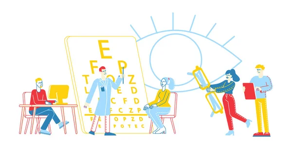 Profissional Optician Exam Pessoas para Tratamento de Visão. Oftalmologista Doutor Personagem Verifique a visão para óculos Diopter. Oculista com Pointer Checkup Eye Sight. Ilustração Linear do Vetor — Vetor de Stock