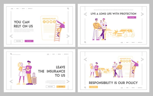 Life and Health Safety Guarantee Landing Page Template Set. Vyplňte formulář o úrazovém pojištění. Agent potřesení rukou klientovi, dokument zásad. Charakteristika Ochrana zdraví. Lineární vektorová ilustrace — Stockový vektor