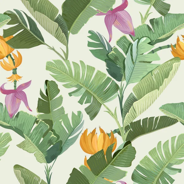 Impresión floral tropical sin costuras con hojas de palmera de plátano de selva verde exótica, flores y frutas Fondo de pantalla de plantas de selva tropical, ornamento textil, diseño de tela sobre fondo beige. Ilustración vectorial — Vector de stock