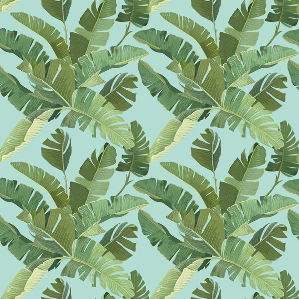 Adorno de fondo de pantalla decorativo de selva tropical con hojas y ramas de palmera de plátano tropical verde. Papel, diseño textil, patrón sin costura, impresión tropical botánica sobre fondo azul. Ilustración vectorial — Vector de stock