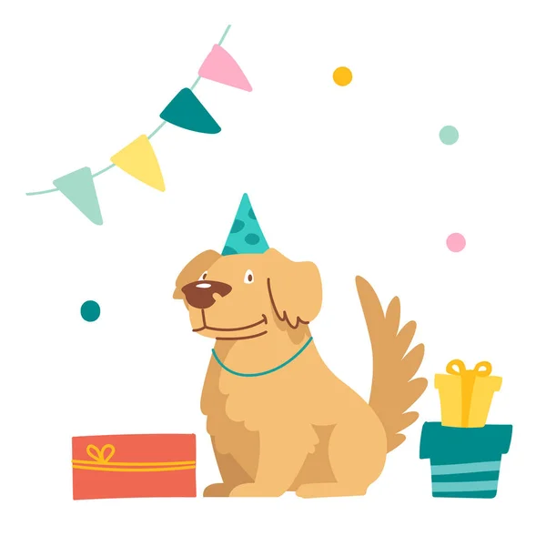 Carácter lindo perro Celebra el cumpleaños. Funny Fluffy Pet en sombrero festivo sentado con regalos envueltos en habitación decorada con guirnalda de bandera y confeti. Celebración de la fiesta. Ilustración de vectores de dibujos animados — Archivo Imágenes Vectoriales