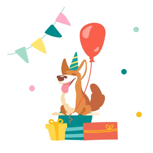 Kawaii Corgi Dog Celebrate Birthday in Room Decorated with Flag Garland and Confetti. Cute Funny Pet Character in Festive Hat Sitting on Wrapped Presents with Balloon. Cartoon Vector Illustration — Stock Vector