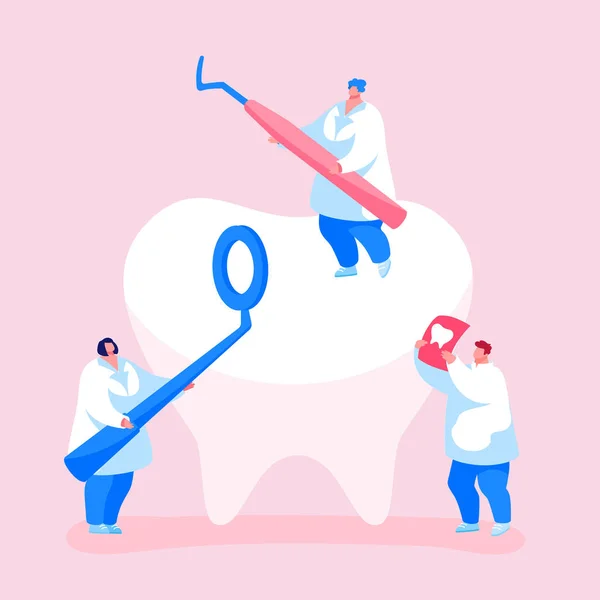 小牙科医生检查牙龈是否有蛀洞.医生保持胃科学镜像,卡弗和Xray图像.牙医为牙齿护理工作的人。卡通矢量图解 — 图库矢量图片