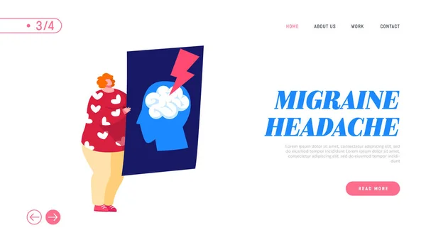 배의 방향 전환 , Migraine Landing Page Template. 인간 머리 의 Xray 를 들고 있는 작은 여성 캐릭터로 뇌 스트로크 , Apoplexy, 인슐린 공격 이 있습니다. 의사 선생님, 신경 과 의사 선생님. 카툰 Vector Illustration — 스톡 벡터