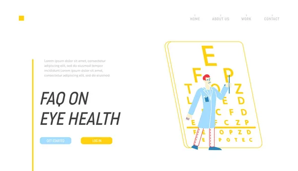 Medical Optician Check Up no modelo de página de desembarque do hospital. Oftalmologista Doutor Teste de Personagens Miopia Eye. Masculino Oculista com Pointer Checkup Vision no gráfico de Snellen. Ilustração Linear do Vetor —  Vetores de Stock