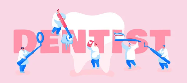 Клініка стоматології, робоча концепція стоматології. Крихітні лікарі доглядають за величезними зубами, використовуючи професійні інструменти для перевірки та обробки плакатів. Cartoon People Vector Illustration — стоковий вектор