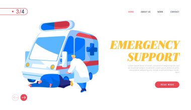 Ambulans Sıhhiye Servisi İşgal Aracı Şablonu. Apandisit Saldırısı ya da Beyin Felci geçiren Tıbbi Karakter Yardım Adamı Acil Servis. Çizgi film İnsanları Vektör İllüstrasyonu