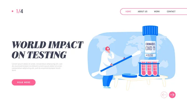 Covid19 Diagnósticos Plantilla de Landing Page. La máscara de desgaste del personaje del médico sostiene un enorme hisopo para hacer una prueba nasal para el diagnóstico de infección por Coronavirus al paciente en el laboratorio. Dibujos animados Gente Vector Ilustración — Archivo Imágenes Vectoriales