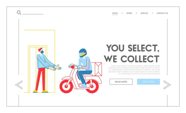 Servizio di spedizione espresso Scooter Landing Page Template. Consegna di cibo sicuro, personaggio corriere Consegna ordine di alimentari ai clienti su ciclomotore a pandemia di coronavirus. Illustrazione vettoriale delle persone lineari — Vettoriale Stock