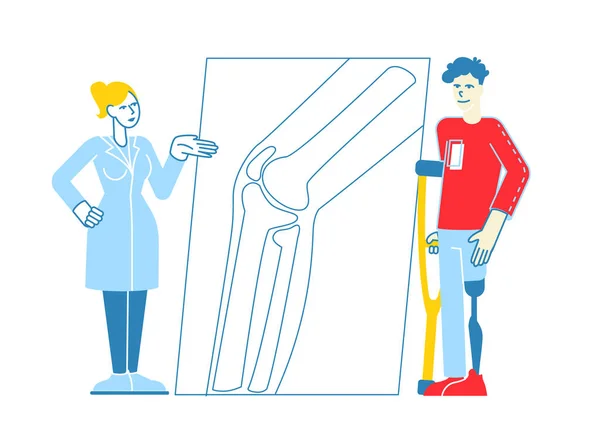 Άκυρος ανάπηρος Άνδρας Χαρακτήρας Στέκεται στις πατερίτσες με την πρόταση για το πόδι Επίσκεψη Ορθοπεδική Κλινική ή Νοσοκομείο Επικοινωνήστε με το γιατρό Ορθοπεδικός, Υγείας. Γραμμική απεικόνιση διανυσματικών ατόμων — Διανυσματικό Αρχείο