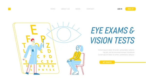 Optiker Vision Exam Landning Page Mall. Patientens karaktär vid ögonläkaren Doktor Eyesight Check Up. Man Oculist med Pointer Check Eye Sight Sanellen Chart. Linjära människor vektor Illustration — Stock vektor