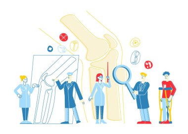 Ortopedi Uzlaşması, Sağlık Hizmetleri Konsepti. Doktor Traumatolog Karakteri. Ortak Hastalık Hasta Tedavi Programı 'nın olduğu X-ray fotoğrafına bakın. Doğrusal İnsanlar Vektör İllüstrasyonu