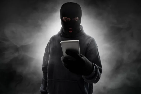 Masked Thief Threatening Smoke Background — Stock Photo, Image