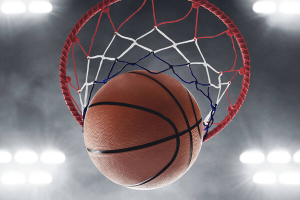 Basketball hoop in court arena background