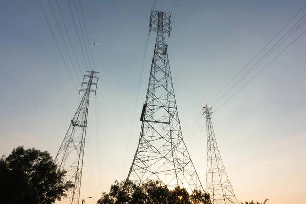 High Voltage Electricity Poles Evening Send Electricity Production Plant — Zdjęcie stockowe