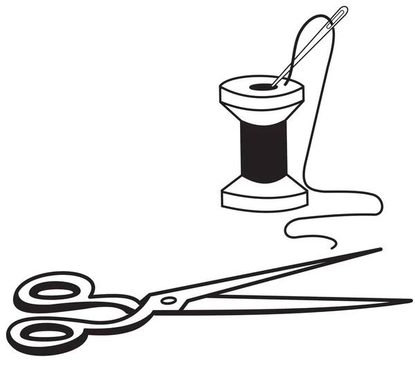 Um carretel com fios e uma agulha e tesoura — Vetor de Stock