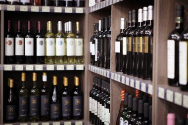 Aytos, Bulgaristan - Januari 24, 2017: Şarap dükkanı, şarap şişeleri.