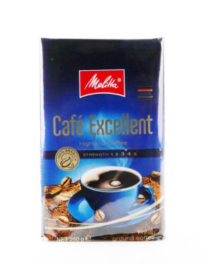 Pomorie, Bulgaristan - 14 Şubat 2020: Melitta Kavrulmuş Köknar Kahvesi Beyaz Arkaplanda İzole Edildi.