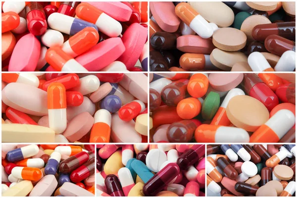 Set Pillole Medicina Primo Piano Pillole Multicolori Vista Dall Alto — Foto Stock