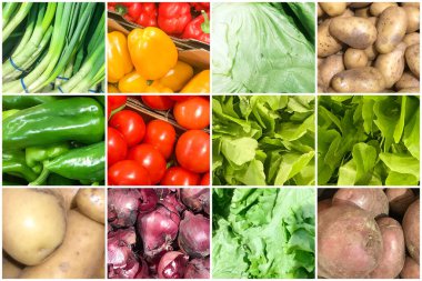 Sağlıklı organik sebzelerle fotoğrafların kolajı. Sağlıklı Taze Gıda Özgeçmişi Koleksiyonu. 