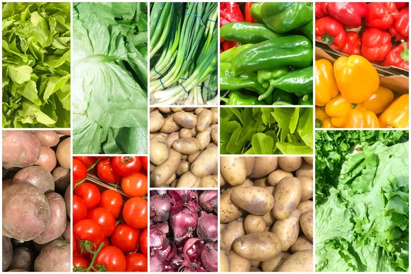 Collage Foto Con Verdure Biologiche Sane Raccolta Sani Sfondi Alimentari — Foto Stock