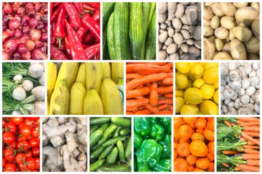 Sağlıklı organik meyve ve sebzeli fotoğrafların kolajı. Sağlıklı Taze Gıda Özgeçmişi Koleksiyonu.