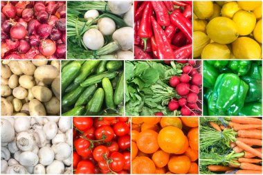 Sağlıklı organik meyve ve sebzeli fotoğrafların kolajı. Sağlıklı Taze Gıda Özgeçmişi Koleksiyonu.