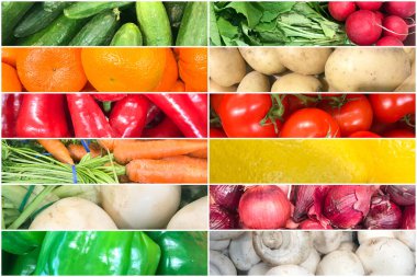Sağlıklı organik meyve ve sebzeli fotoğrafların kolajı. Sağlıklı Taze Gıda Özgeçmişi Koleksiyonu.