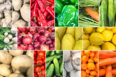 Sağlıklı organik meyve ve sebzeli fotoğrafların kolajı. Sağlıklı Taze Gıda Özgeçmişi Koleksiyonu.