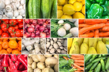 Sağlıklı organik meyve ve sebzeli fotoğrafların kolajı. Sağlıklı Taze Gıda Özgeçmişi Koleksiyonu.